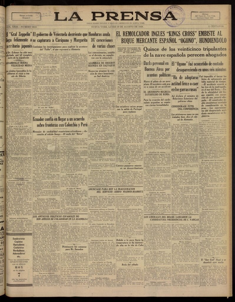 Miniatura de La Prensa: único diario español e hispano americano en Nueva York, del 19 de agosto de 1929, nº 3618