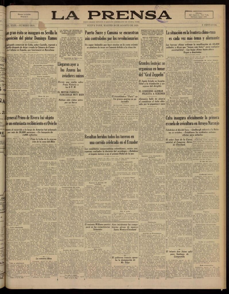 Miniatura de La Prensa: único diario español e hispano americano en Nueva York, del 20 de agosto de 1929, nº 3619