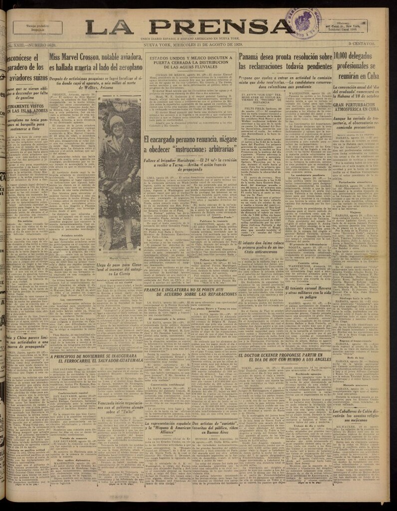Miniatura de La Prensa: único diario español e hispano americano en Nueva York, del 21 de agosto de 1929, nº 3620