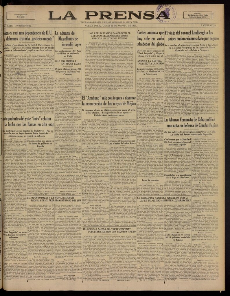 Miniatura de La Prensa: único diario español e hispano americano en Nueva York, del 22 de agosto de 1929, nº 3621
