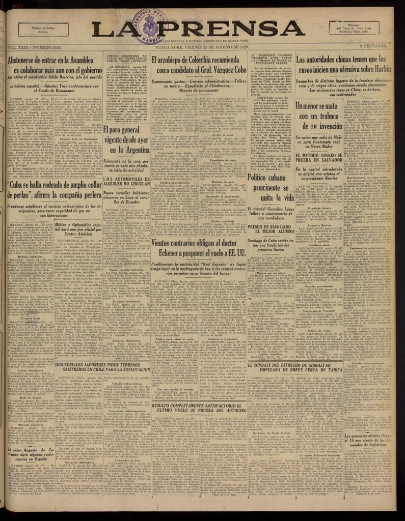 Miniatura de La Prensa: único diario español e hispano americano en Nueva York, del 23 de agosto de 1929, nº 3622