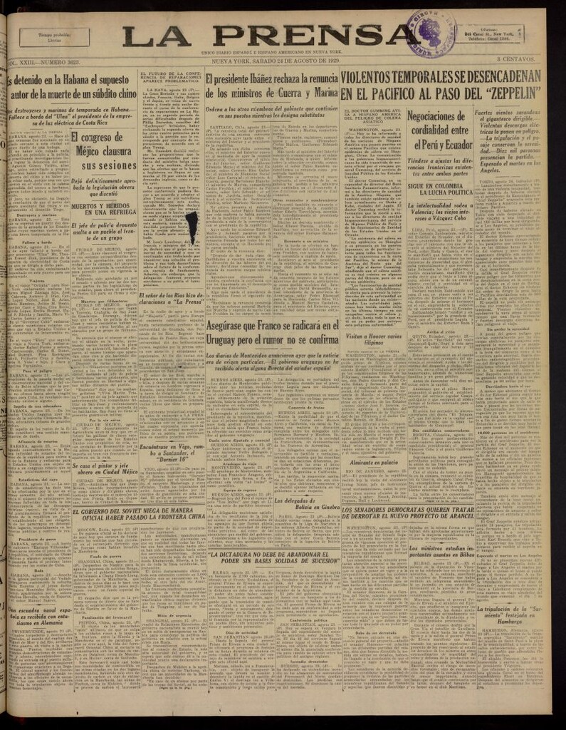 Miniatura de La Prensa: único diario español e hispano americano en Nueva York, del 24 de agosto de 1929, nº 3623