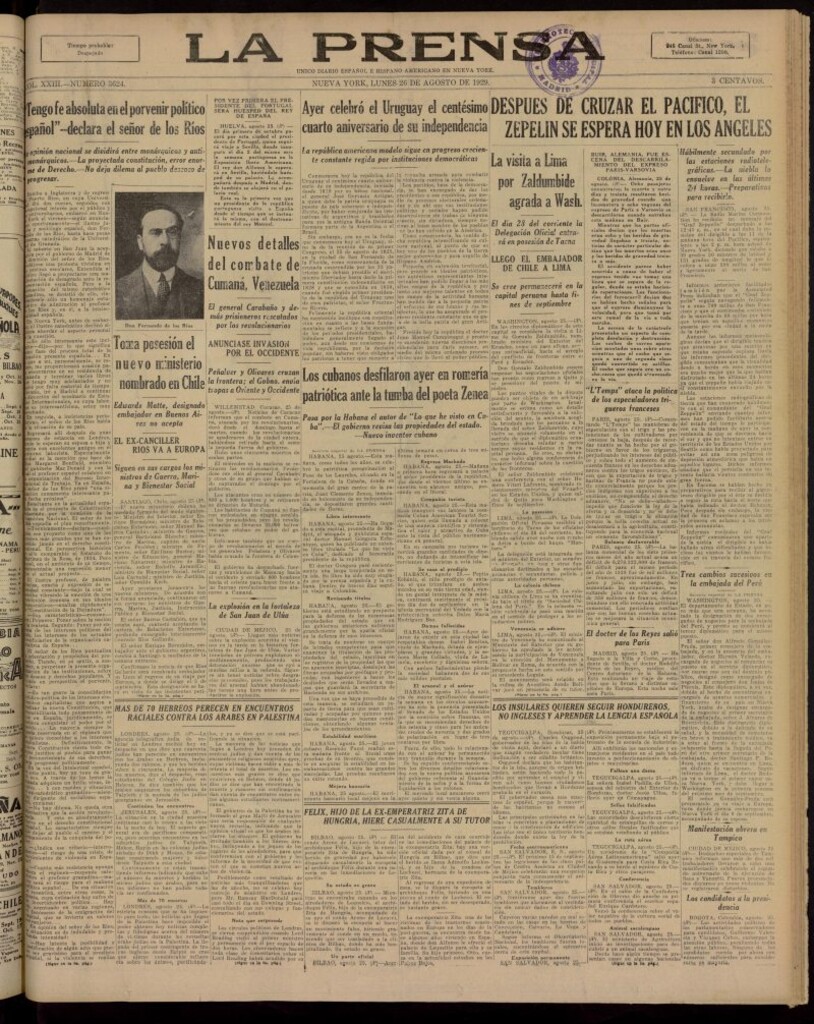 Miniatura de La Prensa: único diario español e hispano americano en Nueva York, del 26 de agosto de 1929, nº 3624