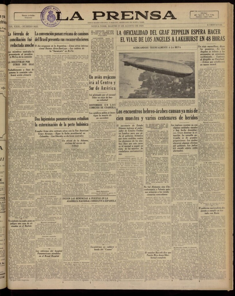 Miniatura de La Prensa: único diario español e hispano americano en Nueva York, del 27 de agosto de 1929, nº 3625