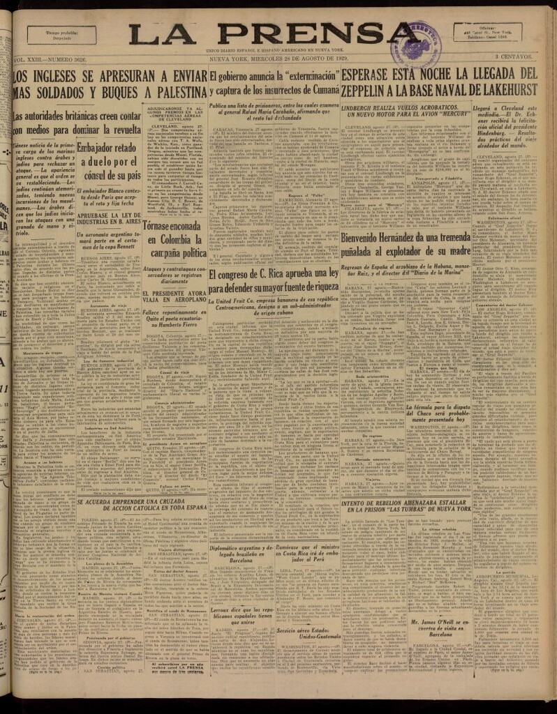 Miniatura de La Prensa: único diario español e hispano americano en Nueva York, del 28 de agosto de 1929, nº 3626