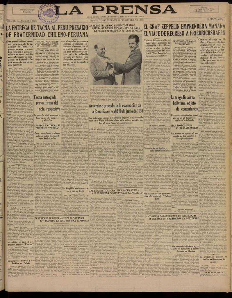 Miniatura de La Prensa: único diario español e hispano americano en Nueva York, del 30 de agosto de 1929, nº 3628