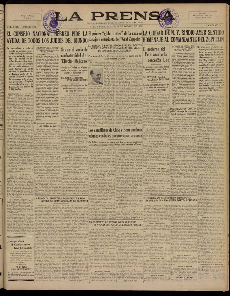 Miniatura de La Prensa: único diario español e hispano americano en Nueva York, del 31 de agosto de 1929, nº 3629
