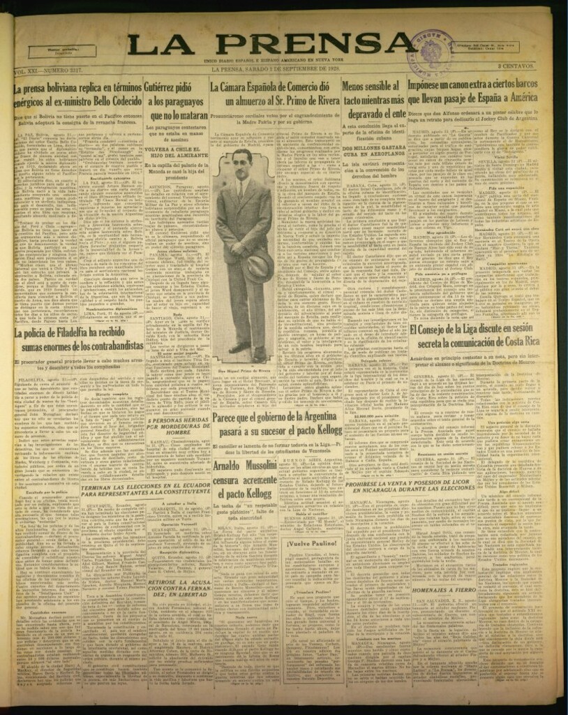 Miniatura de La Prensa: único diario español e hispano americano en Nueva York de 1 de septiembre de 1928, nº 3317