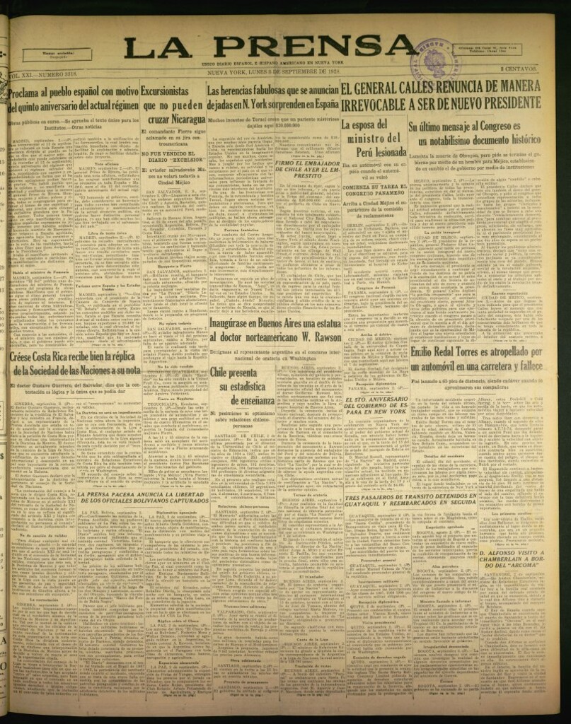 Miniatura de La Prensa: único diario español e hispano americano en Nueva York de 3 de septiembre de 1928, nº 3318