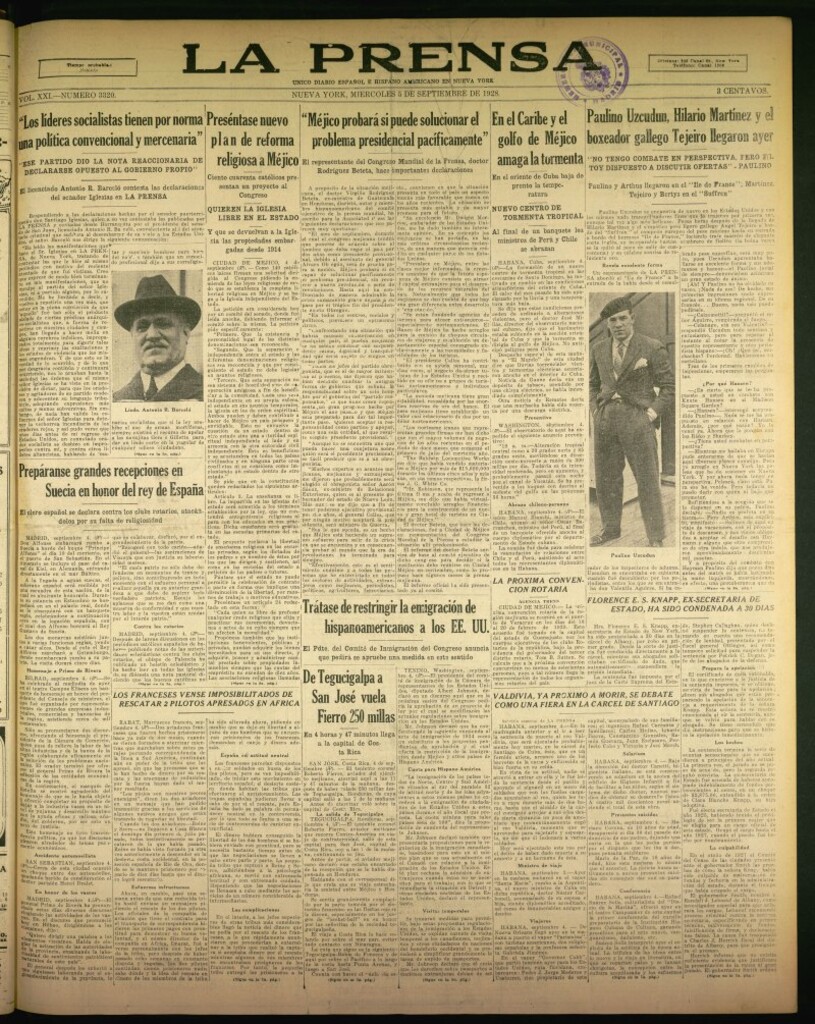 Miniatura de La Prensa: único diario español e hispano americano en Nueva York de 5 de septiembre de 1928, nº 3320