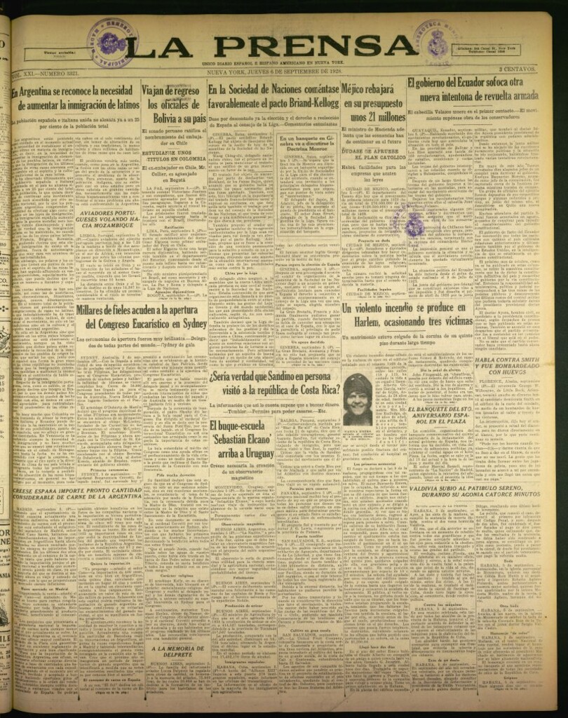 Miniatura de La Prensa: único diario español e hispano americano en Nueva York de 6 de septiembre de 1928, nº 3321
