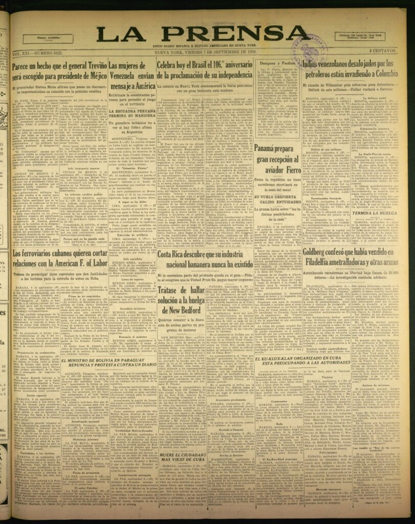 Miniatura de La Prensa: único diario español e hispano americano en Nueva York de 7 de septiembre de 1928, nº 3322