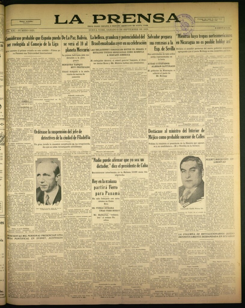 Miniatura de La Prensa: único diario español e hispano americano en Nueva York de 8 de septiembre de 1928, nº 3323