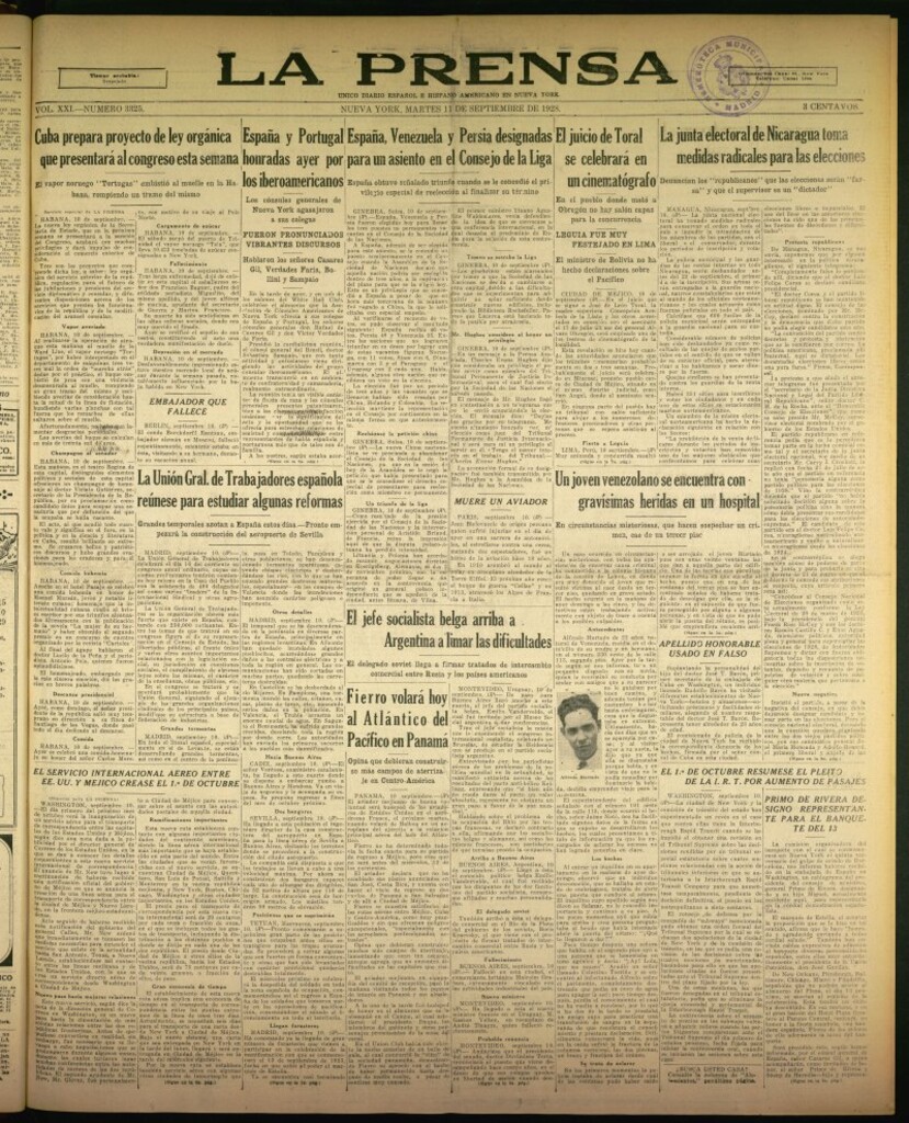 Miniatura de La Prensa: único diario español e hispano americano en Nueva York de 11 de septiembre de 1928, nº 3325