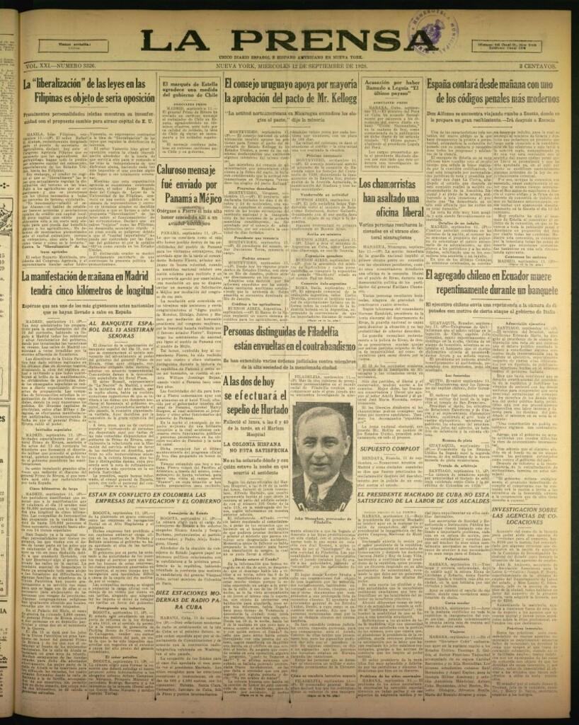 Miniatura de La Prensa: único diario español e hispano americano en Nueva York de 12 de septiembre de 1928, nº 3326