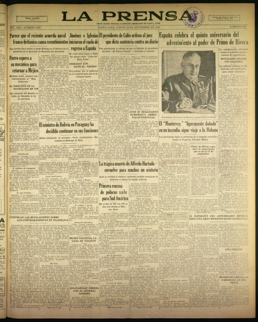 Miniatura de La Prensa: único diario español e hispano americano en Nueva York de 13 de septiembre de 1928, nº 3327