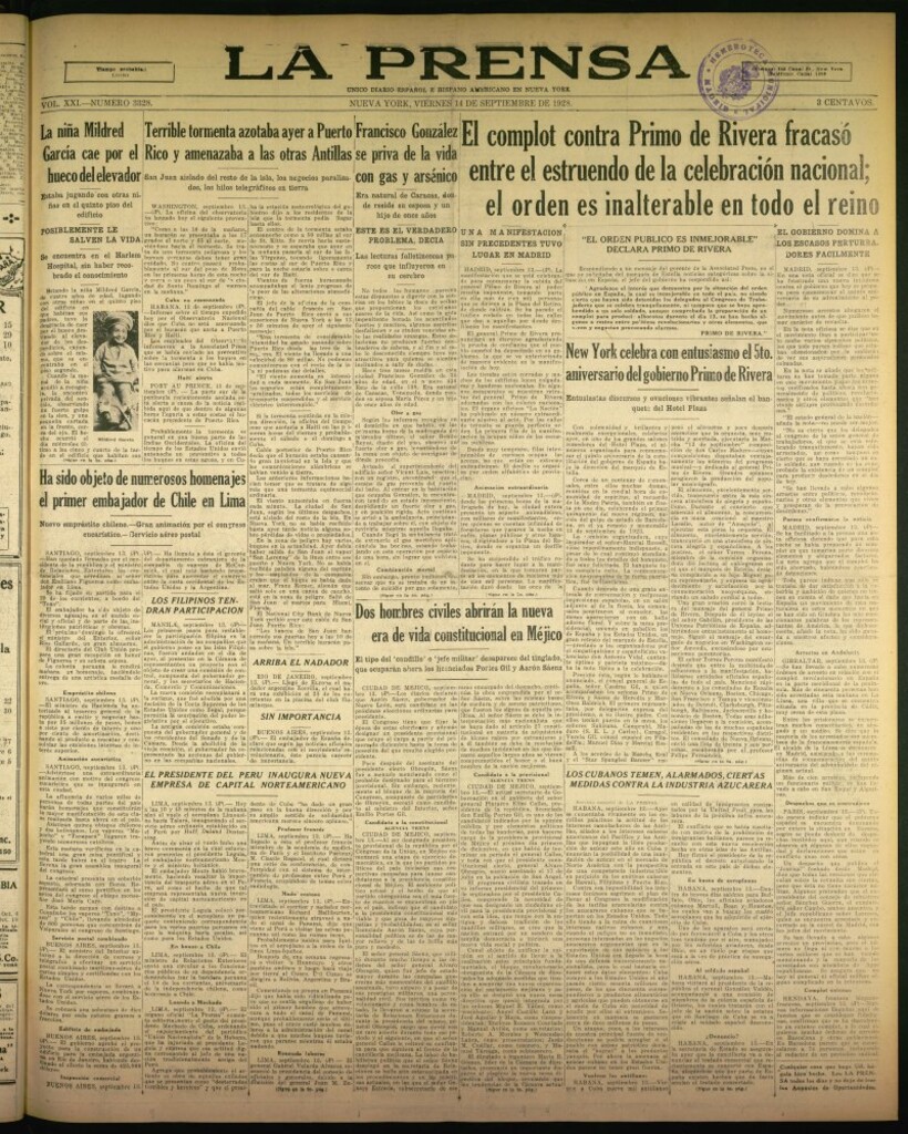 Miniatura de La Prensa: único diario español e hispano americano en Nueva York de 14 de septiembre de 1928, nº 3328