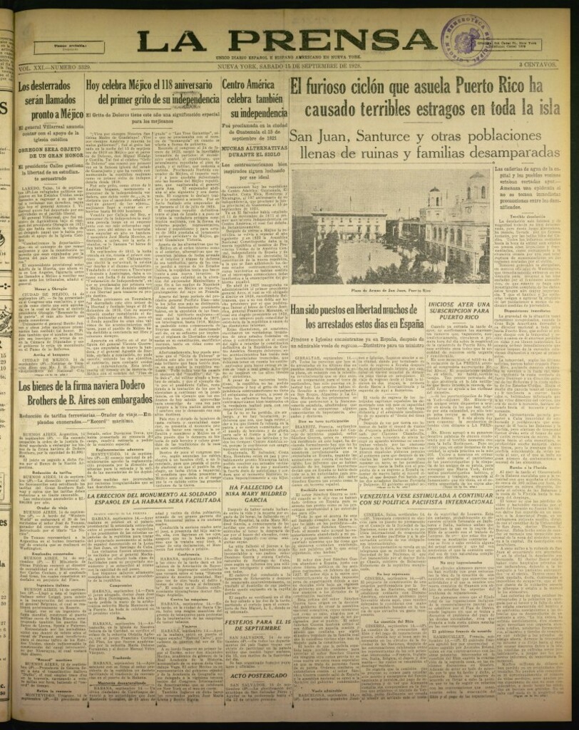 Miniatura de La Prensa: único diario español e hispano americano en Nueva York de 15 de septiembre de 1928, nº 3329
