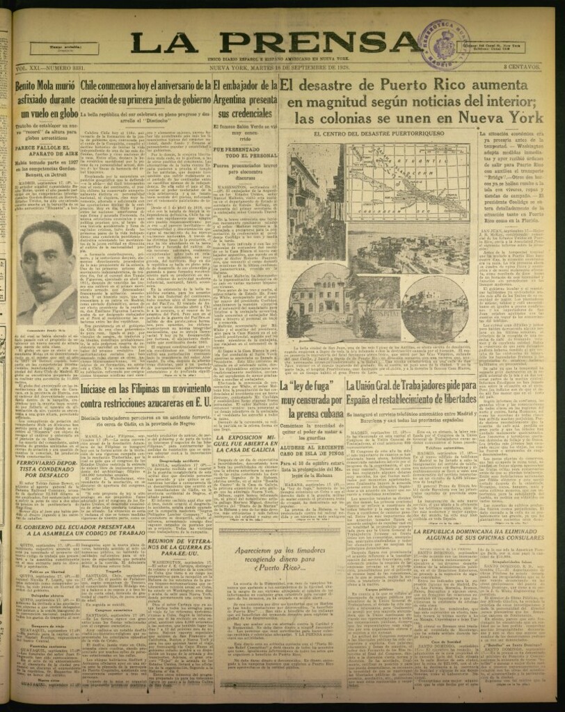 Miniatura de La Prensa: único diario español e hispano americano en Nueva York de 18 de septiembre de 1928, nº 3331