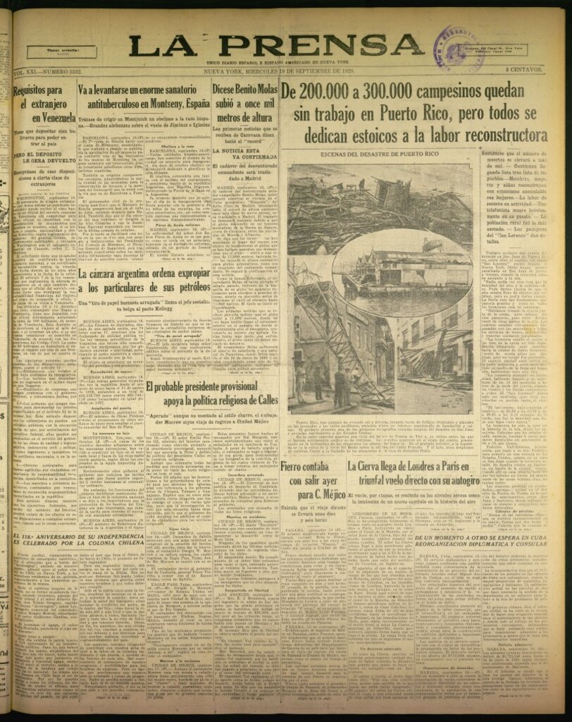 Miniatura de La Prensa: único diario español e hispano americano en Nueva York de 19 de septiembre de 1928, nº 3332