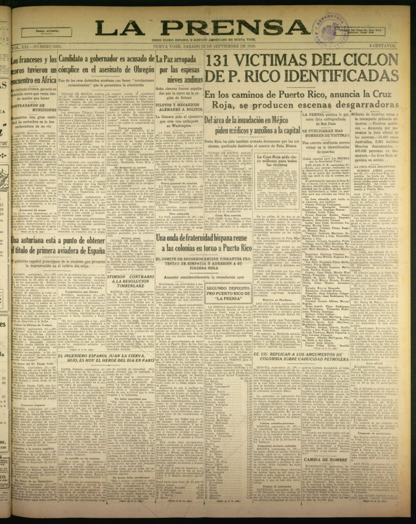 Miniatura de La Prensa: único diario español e hispano americano en Nueva York de 22 de septiembre de 1928, nº 3335