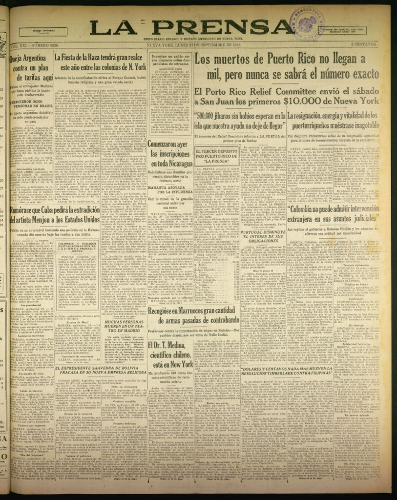 Miniatura de La Prensa: único diario español e hispano americano en Nueva York de 24 de septiembre de 1928, nº 3336