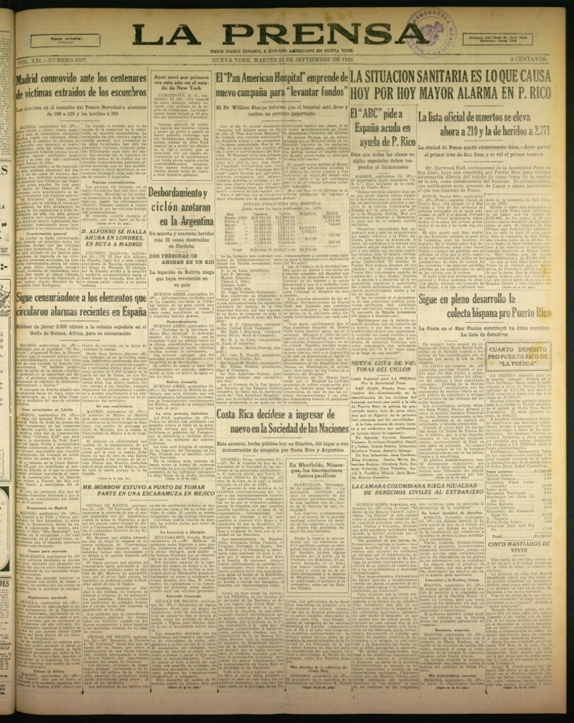 Miniatura de La Prensa: único diario español e hispano americano en Nueva York de 25 de septiembre de 1928, nº 3337