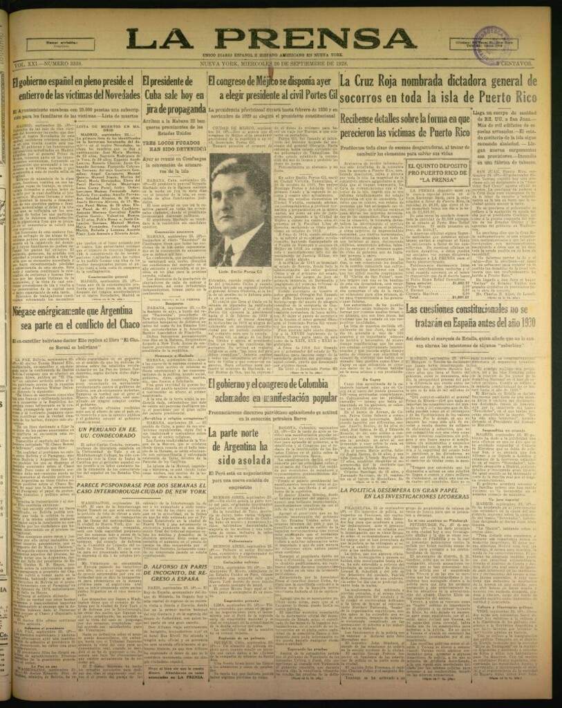 Miniatura de La Prensa: único diario español e hispano americano en Nueva York de 26 de septiembre de 1928, nº 3338