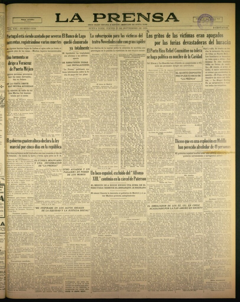 Miniatura de La Prensa: único diario español e hispano americano en Nueva York de 27 de septiembre de 1928, nº 3339