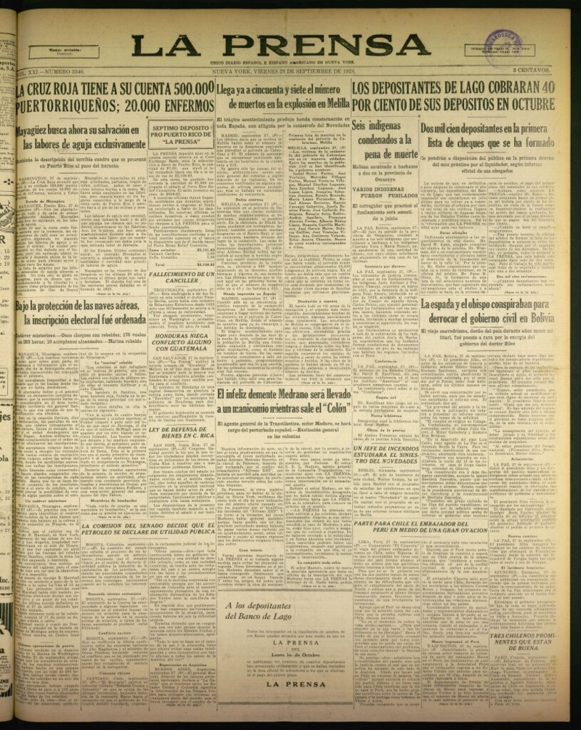 Miniatura de La Prensa: único diario español e hispano americano en Nueva York de 28 de septiembre de 1928, nº 3340