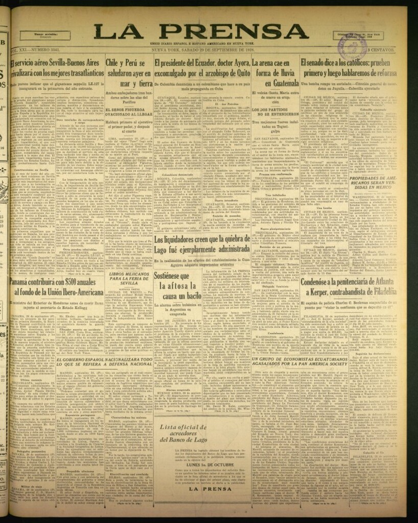 Miniatura de La Prensa: único diario español e hispano americano en Nueva York de 29 de septiembre de 1928, nº 3341