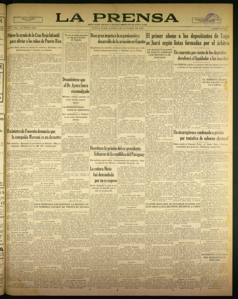 Miniatura de La Prensa: único diario español e hispano americano en Nueva York de 1 de octubre de 1928, nº 3342
