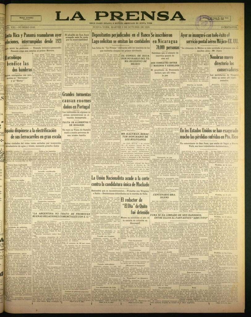 Miniatura de La Prensa: único diario español e hispano americano en Nueva York de 2 de octubre de 1928, nº 3343