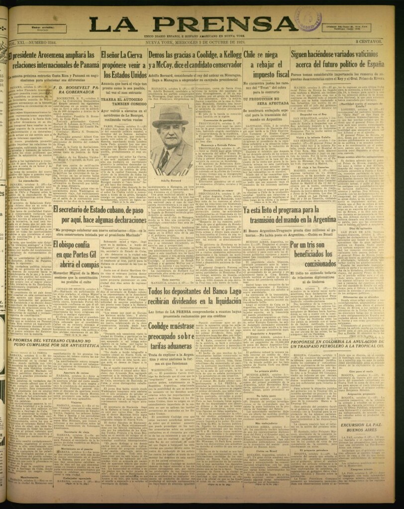 Miniatura de La Prensa: único diario español e hispano americano en Nueva York de 3 de octubre de 1928, nº 3344