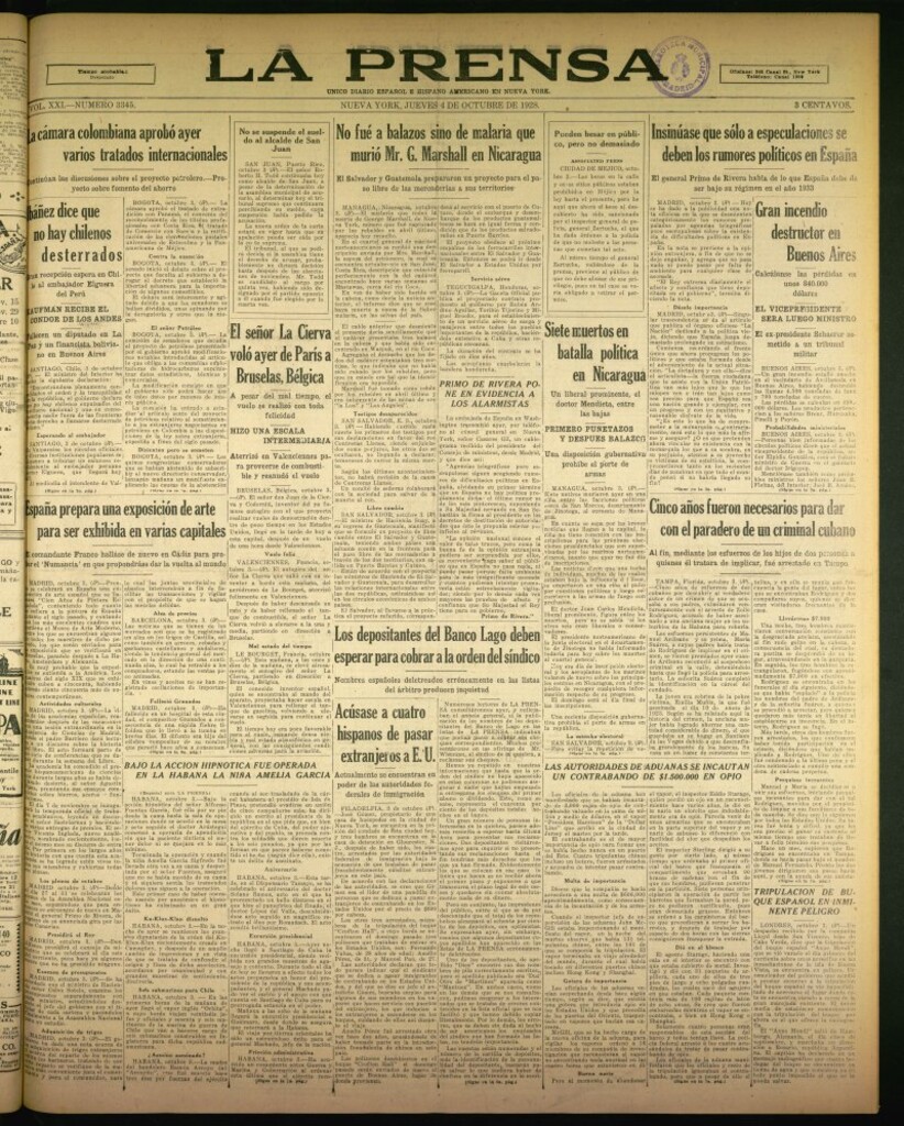 Miniatura de La Prensa: único diario español e hispano americano en Nueva York de 4 de octubre de 1928, nº 3345