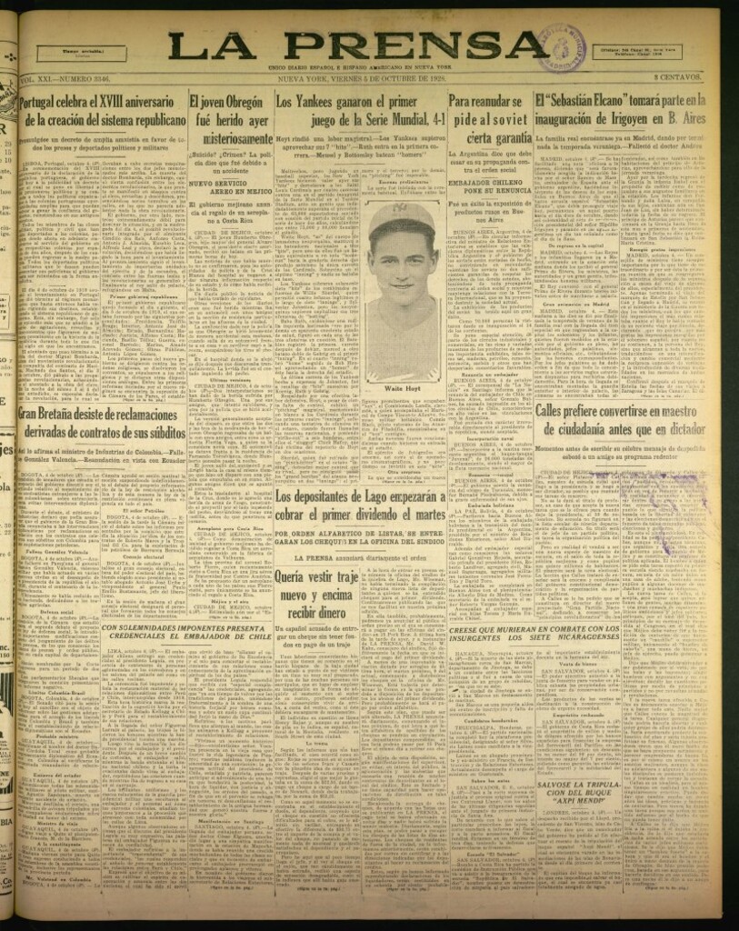 Miniatura de La Prensa: único diario español e hispano americano en Nueva York de 5 de octubre de 1928, nº 3346