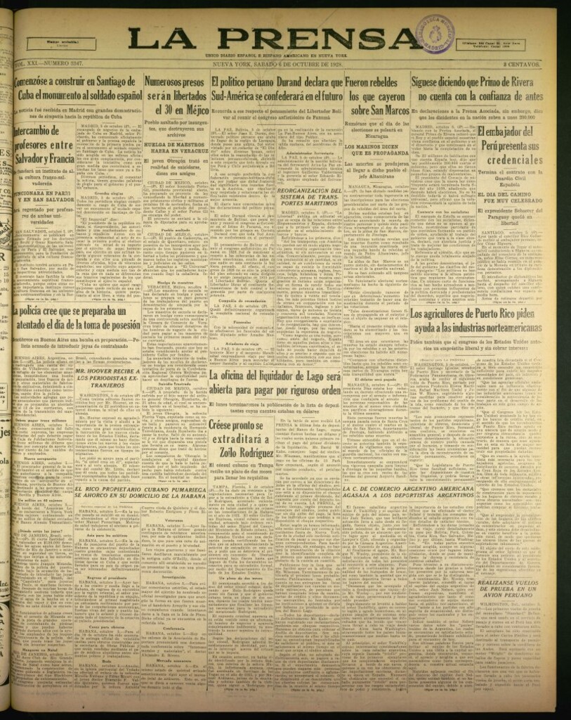 Miniatura de La Prensa: único diario español e hispano americano en Nueva York de 6 de octubre de 1928, nº 3347