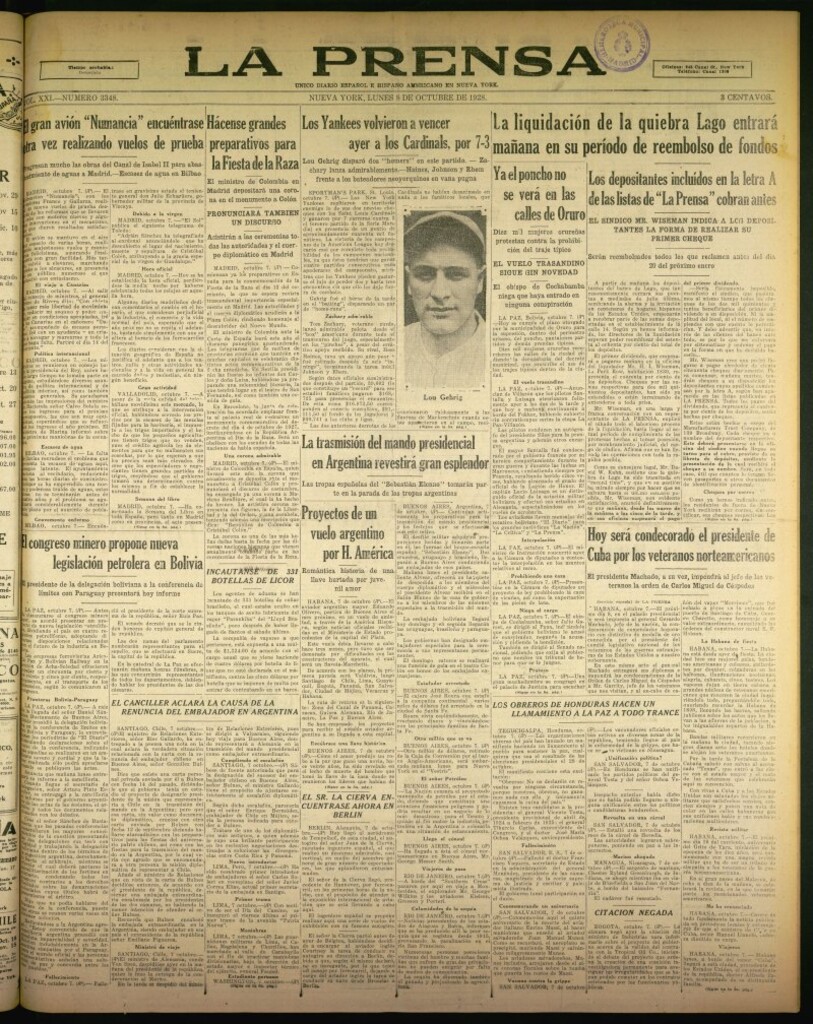 Miniatura de La Prensa: único diario español e hispano americano en Nueva York de 8 de octubre de 1928, nº 3348