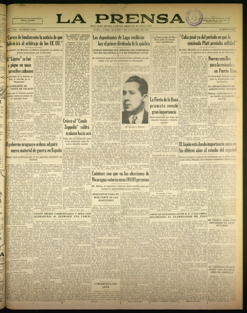 Miniatura de La Prensa: único diario español e hispano americano en Nueva York de 9 de octubre de 1928, nº 3349