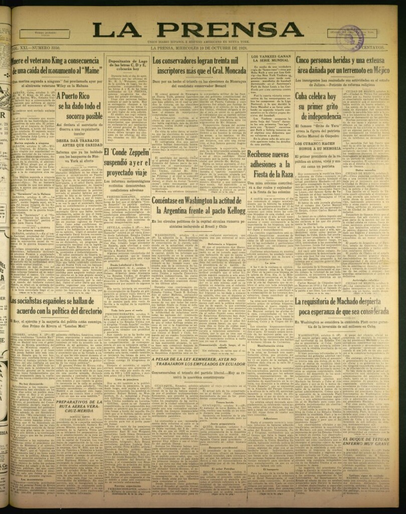 Miniatura de La Prensa: único diario español e hispano americano en Nueva York de 10 de octubre de 1928, nº 3350