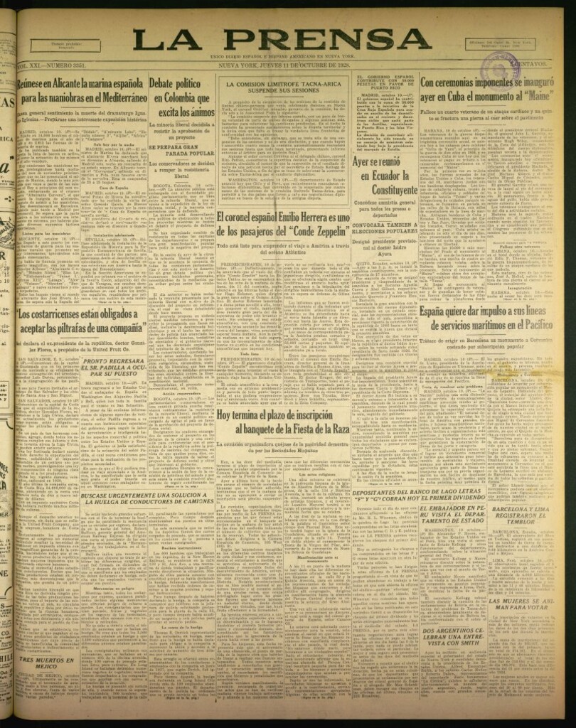 Miniatura de La Prensa: único diario español e hispano americano en Nueva York de 11 de octubre de 1928, nº 3351
