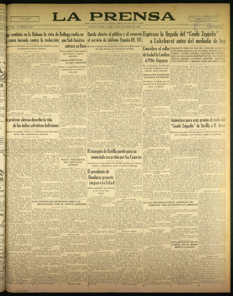 Miniatura de La Prensa: único diario español e hispano americano en Nueva York de 15 de octubre de 1928, nº 3354