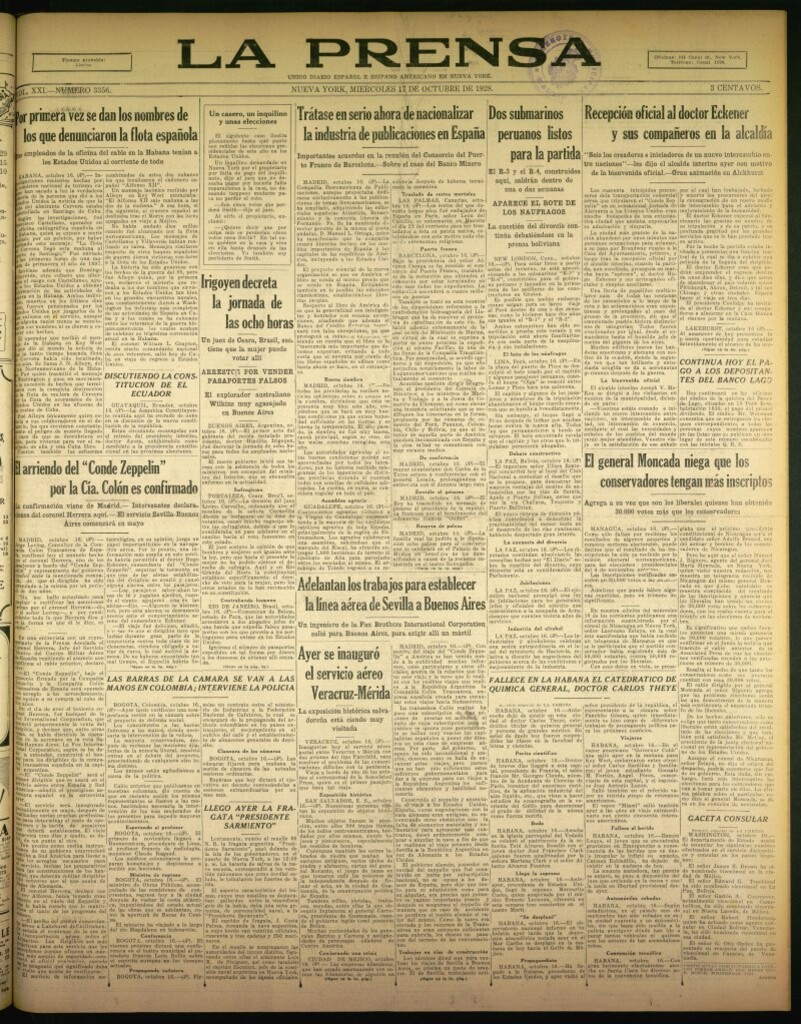 Miniatura de La Prensa: único diario español e hispano americano en Nueva York de 17 de octubre de 1928, nº 3356