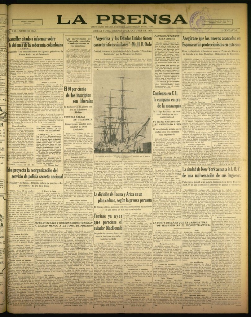 Miniatura de La Prensa: único diario español e hispano americano en Nueva York de 19 de octubre de 1928, nº 3358