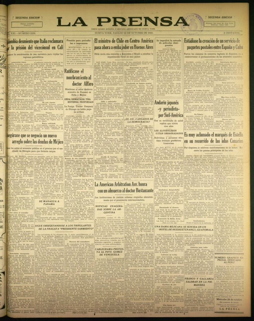 Miniatura de La Prensa: único diario español e hispano americano en Nueva York de 20 de octubre de 1928, nº 3359
