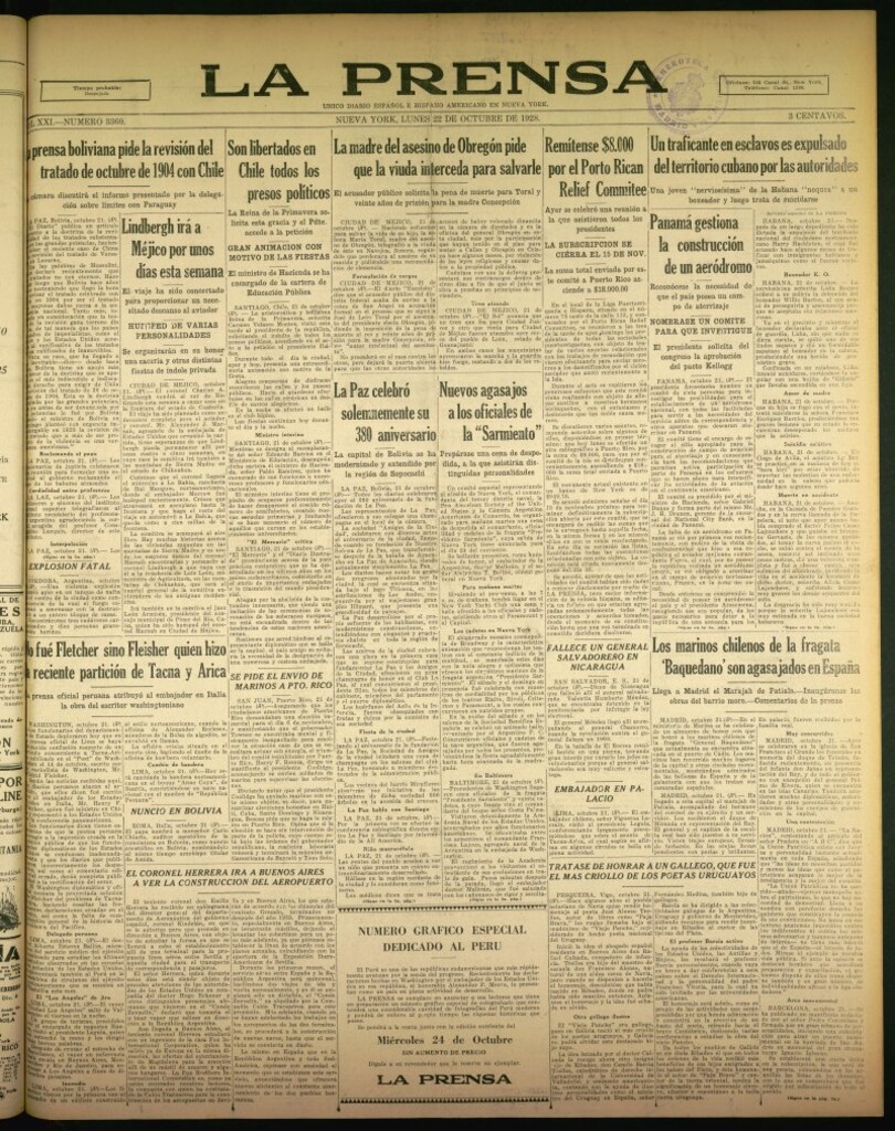 Miniatura de La Prensa: único diario español e hispano americano en Nueva York de 22 de octubre de 1928, nº 3360