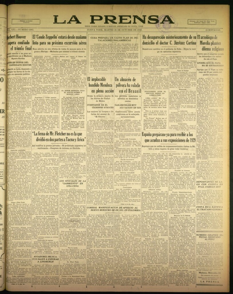 Miniatura de La Prensa: único diario español e hispano americano en Nueva York de 23 de octubre de 1928, nº 3361