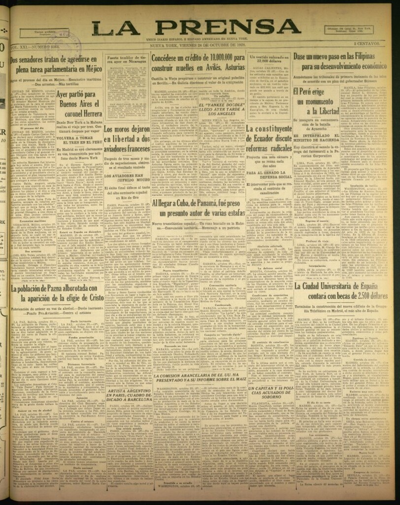 Miniatura de La Prensa: único diario español e hispano americano en Nueva York del 26 de octubre de 1928, nº 3364