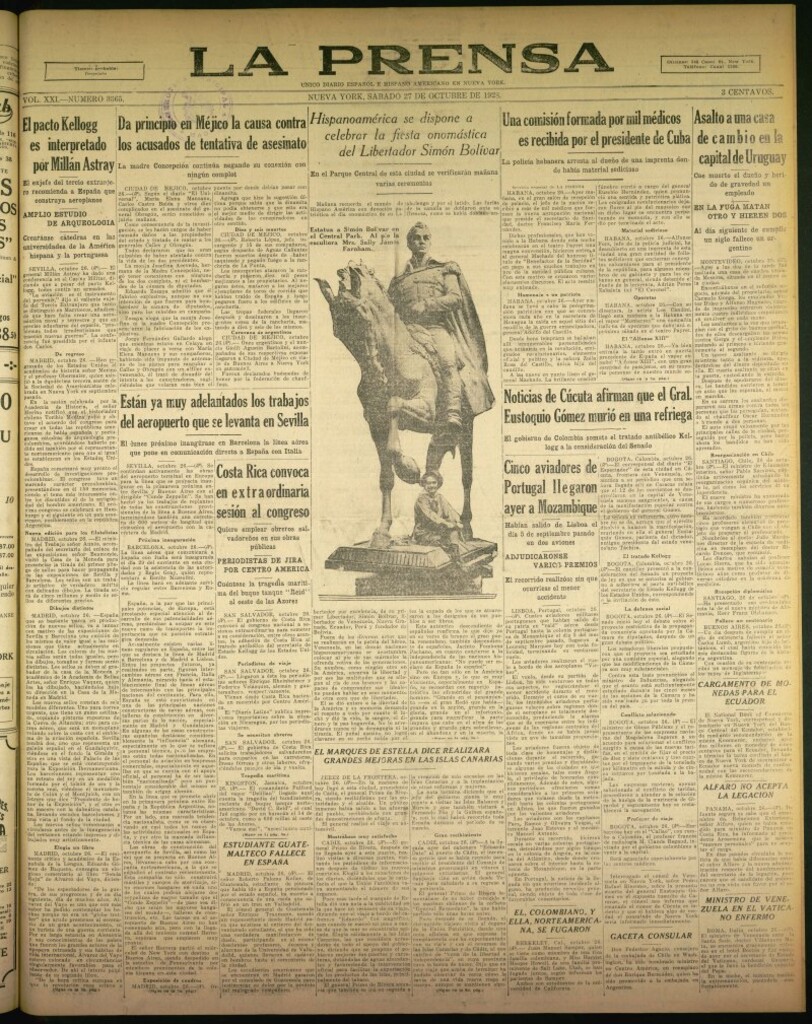 Miniatura de La Prensa: único diario español e hispano americano en Nueva York de 27 de octubre de 1928, nº 3365