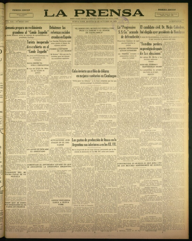 Miniatura de La Prensa: único diario español e hispano americano en Nueva York de 30 de octubre de 1928, nº 3367